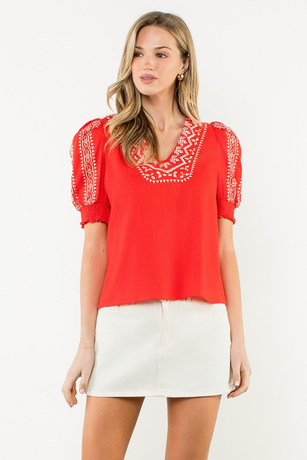 Embroidered Smocked Sleeve Top