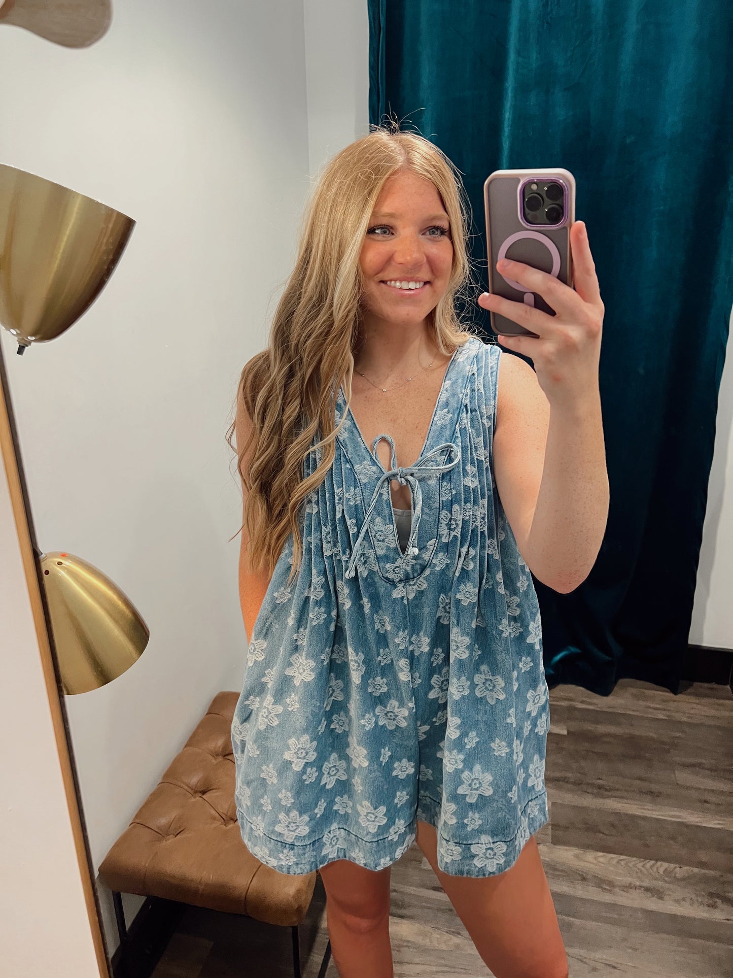 Printed Pleated V Neck Sleeveless Romper