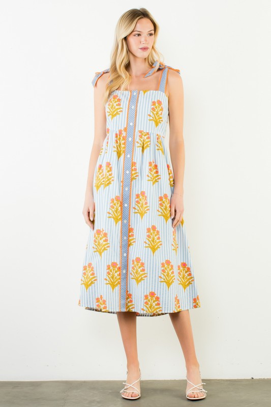 Tie Straps Floral Pattern Button Down Dress
