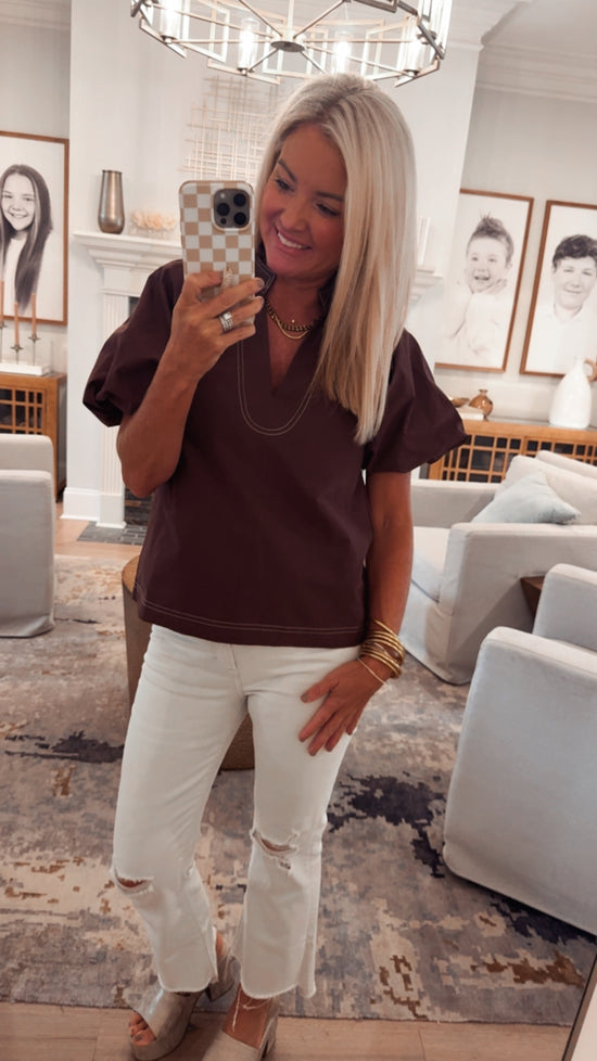 THML Contrast Stitch Puff Sleeve V-neck Top