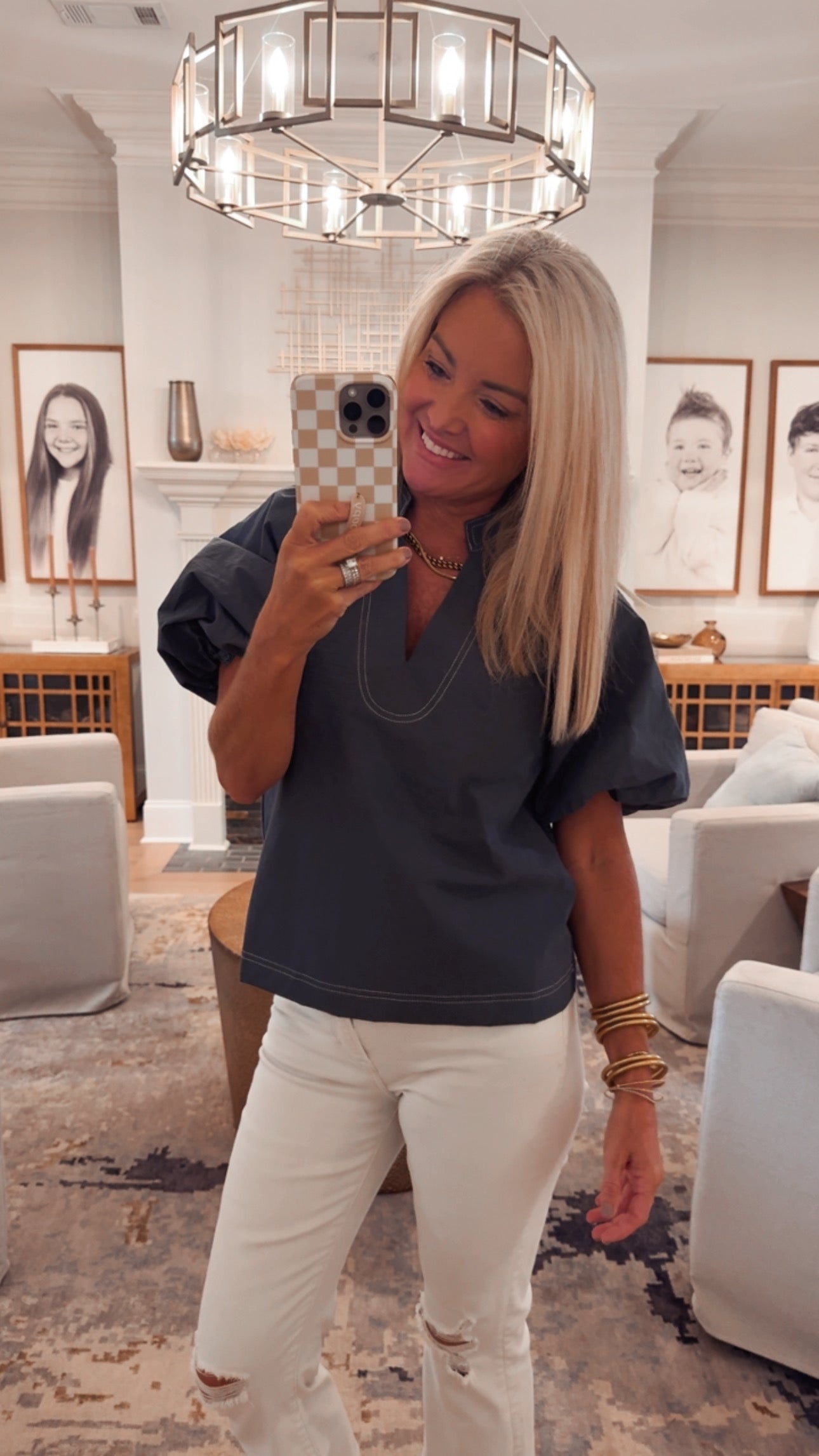 THML Contrast Stitch Puff Sleeve V-neck Top