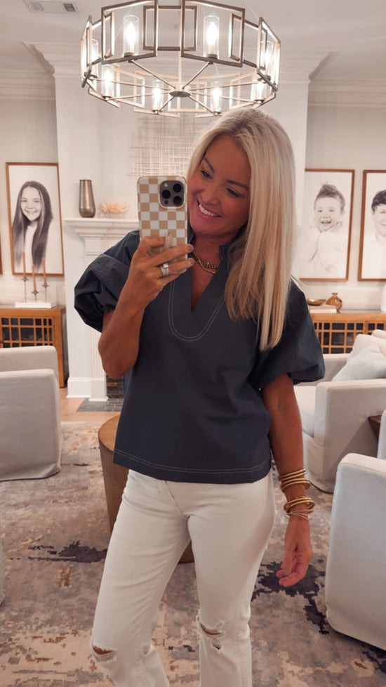 THML Contrast Stitch Puff Sleeve V-neck Top