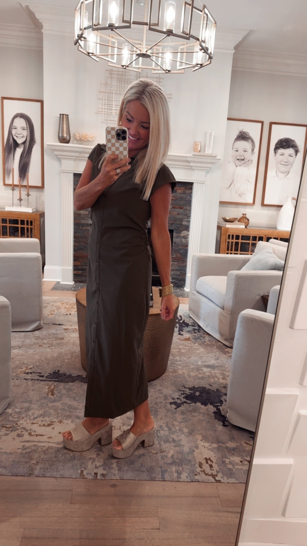 THML Cap Sleeve Ruched Button Midi Dress