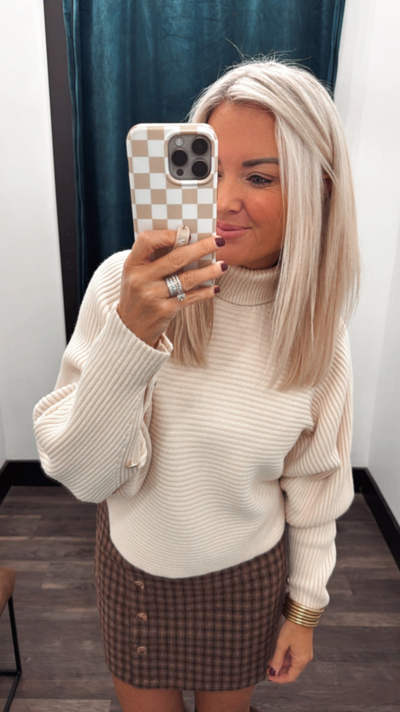 Asymmetrical Button-Sleeve Ribbed Mock Neck Sweater