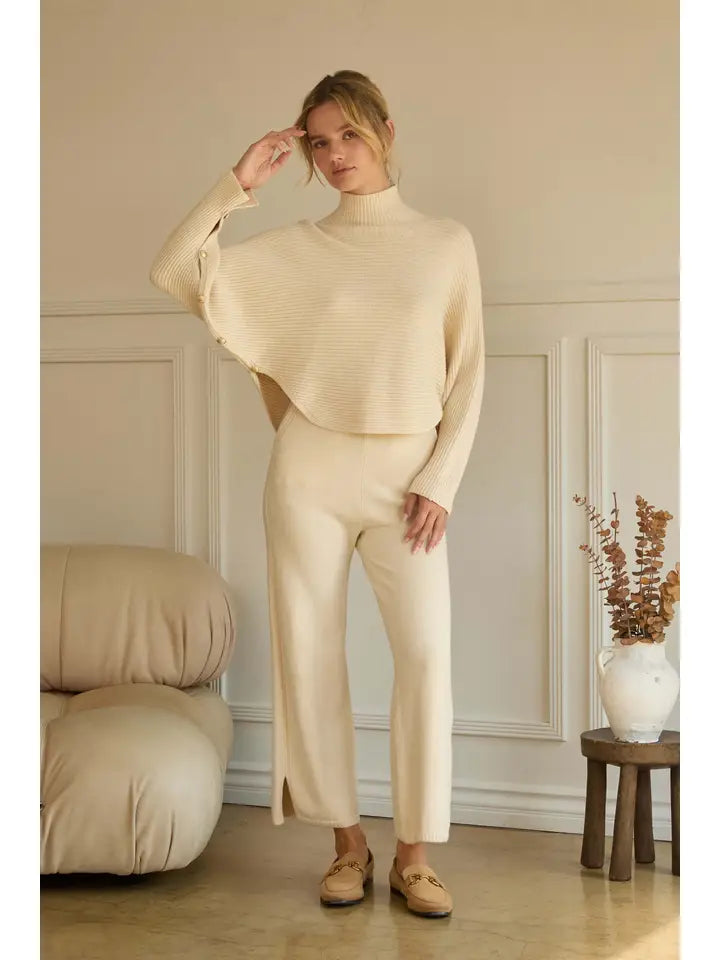 Asymmetrical Button-Sleeve Ribbed Mock Neck Sweater
