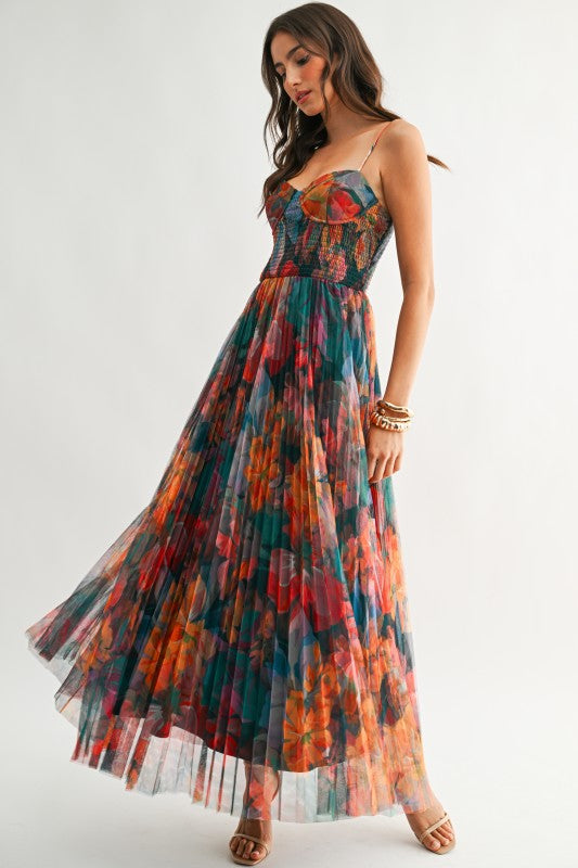 Pleated Floral Tulle Maxi Dress