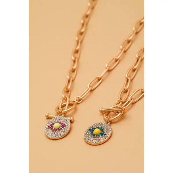 Rhinestone Eye Pendant Toggle Necklace