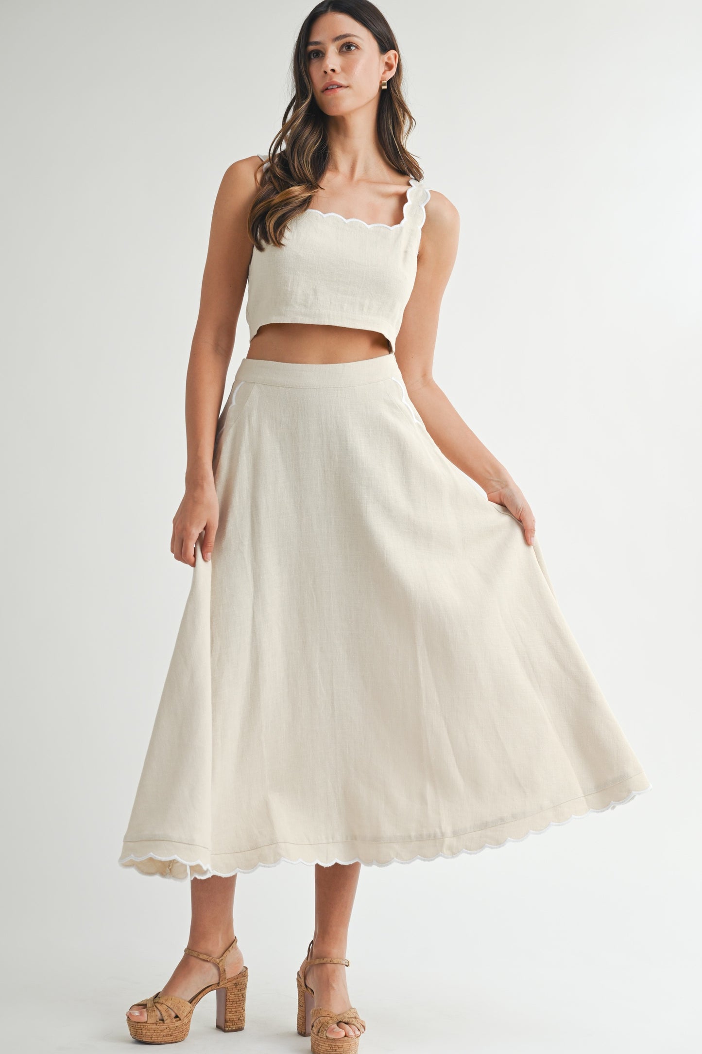 Scallop Edge Sleeveless Top And Midi Skirt Set