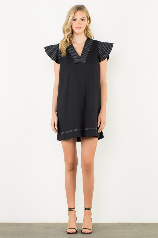 THML Striped Flutter Sleeve V-neck Dress