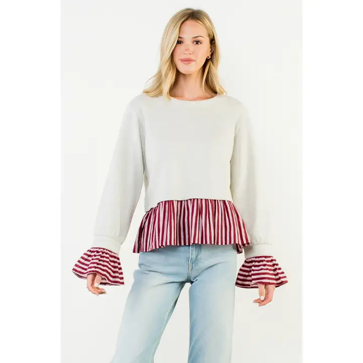 Striped Peplum Mixed Media Top