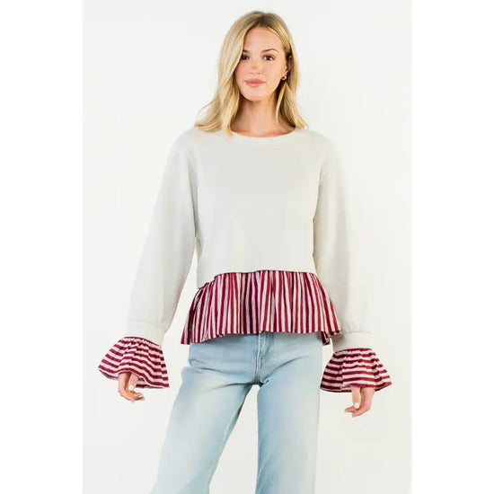 Striped Peplum Mixed Media Top