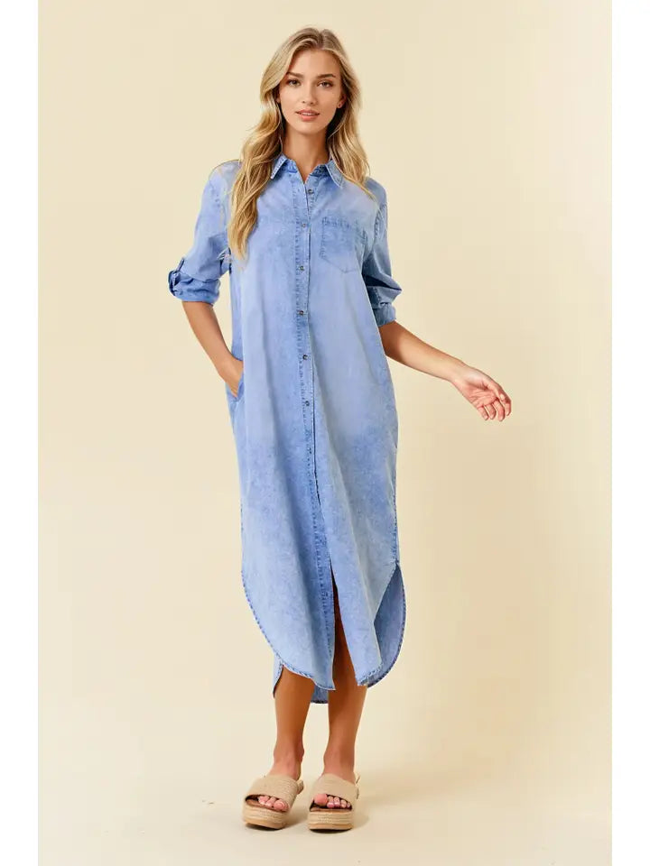 3/4 Sleeve Tencel Denim Shirt Midi Dress
