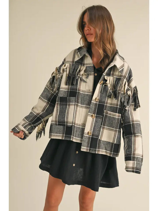 Wool Fringed Detail Plaid Jacket