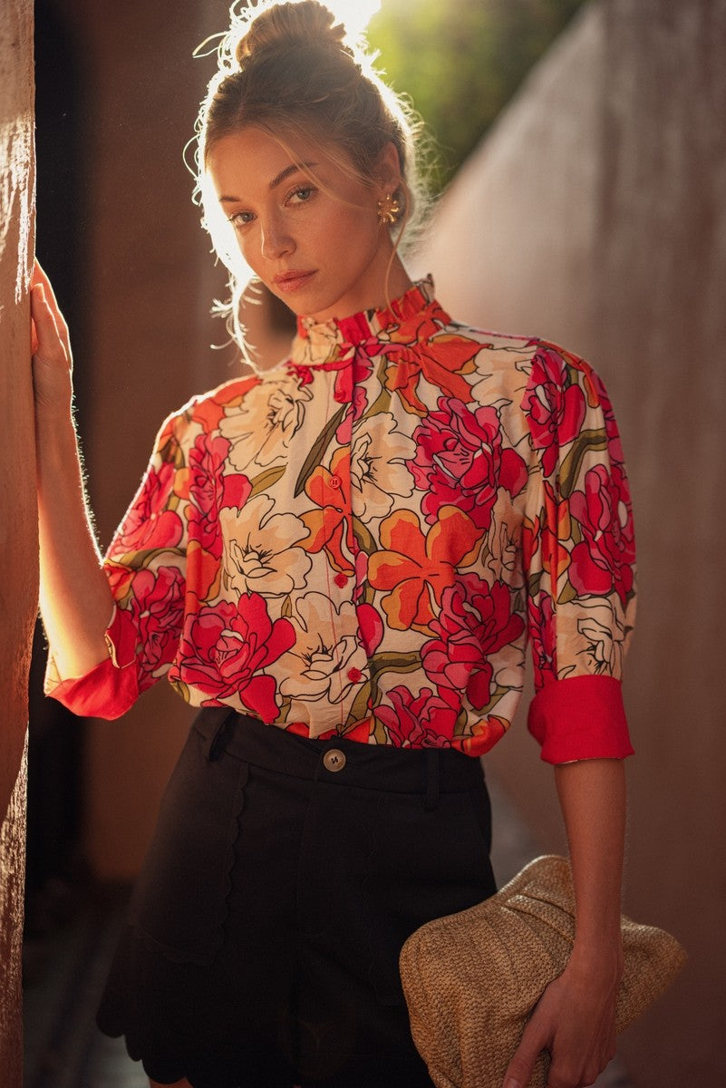 Solid Contrast Accent Floral Top