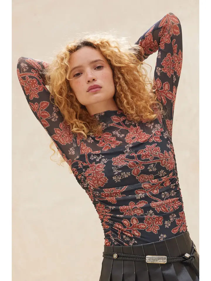 Floral Mesh Neck Ruched Bodysuit