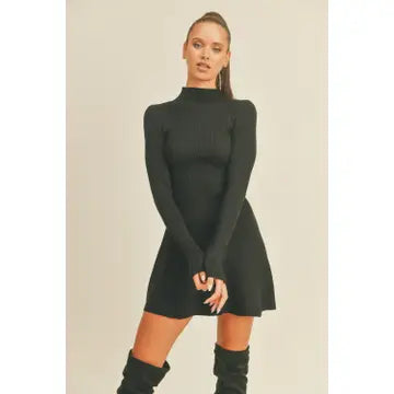 Mock Neck Long Sleeve Fit and Flare Mini Dress