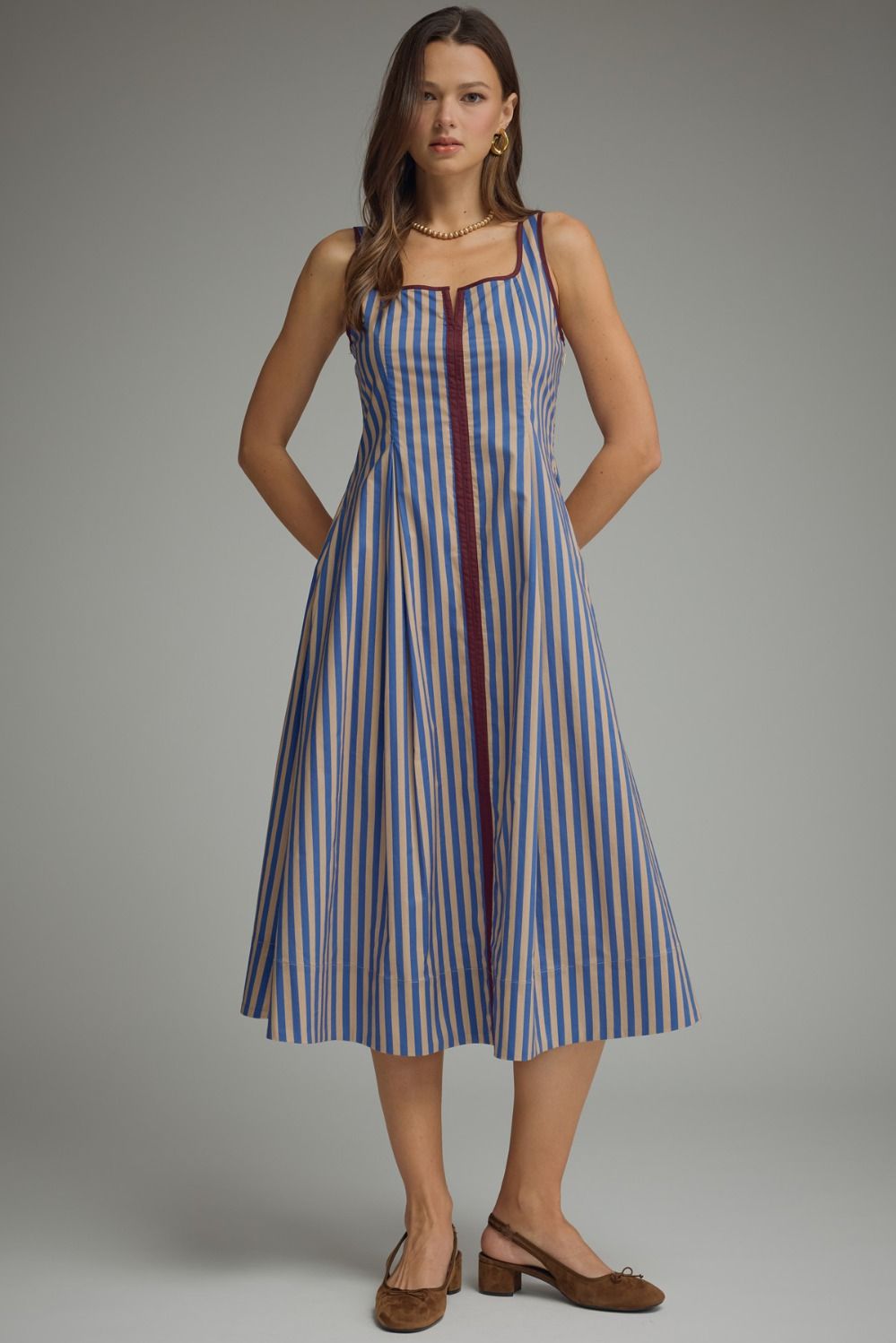 Stripe V Neck Midi Dress