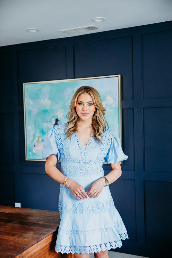 Solid Lace Trim Puff Sleeve Dress