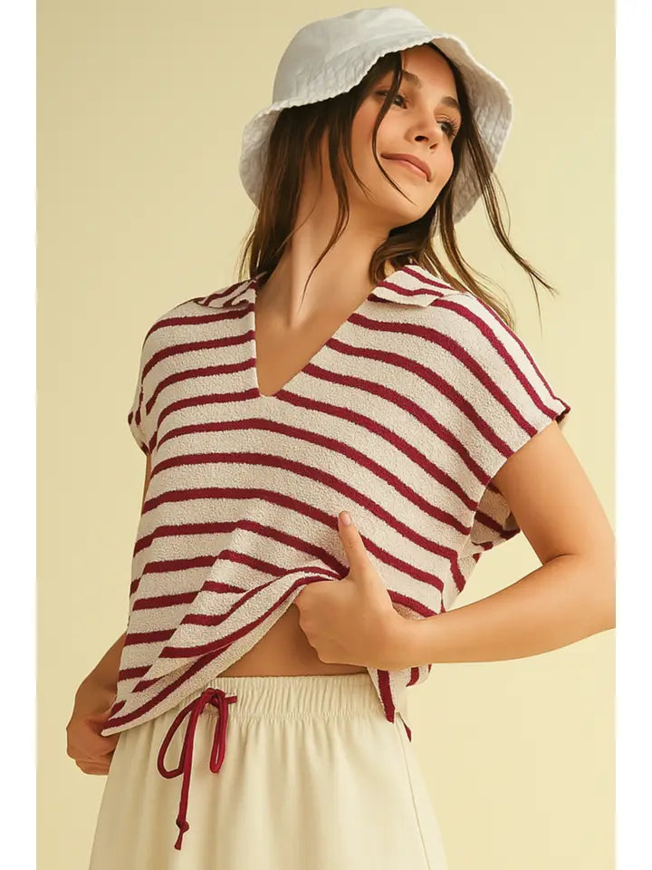 Striped Collared V Neck Top