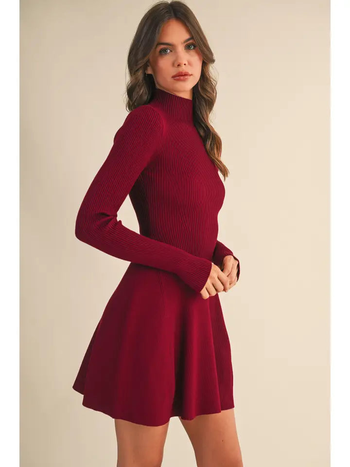 Mock Neck Long Sleeve Fit and Flare Mini Dress