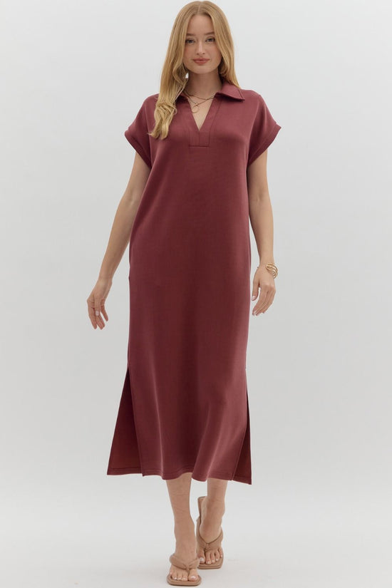 Solid Knit Collar Midi Dress