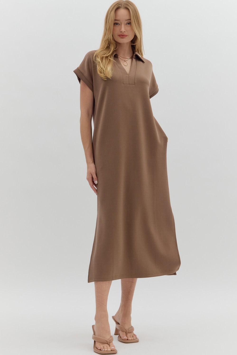 Solid Knit Collar Midi Dress