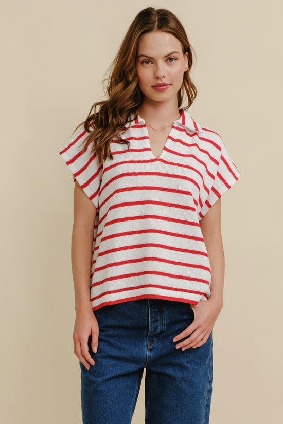 Striped Collared V Neck Top