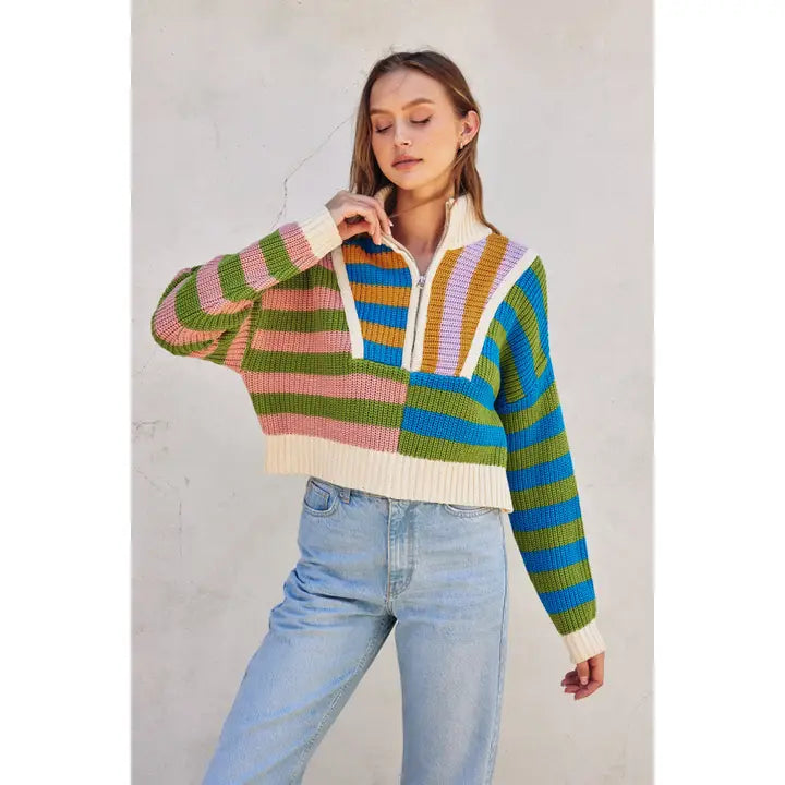 Color Block Crop Half Zip Sweater