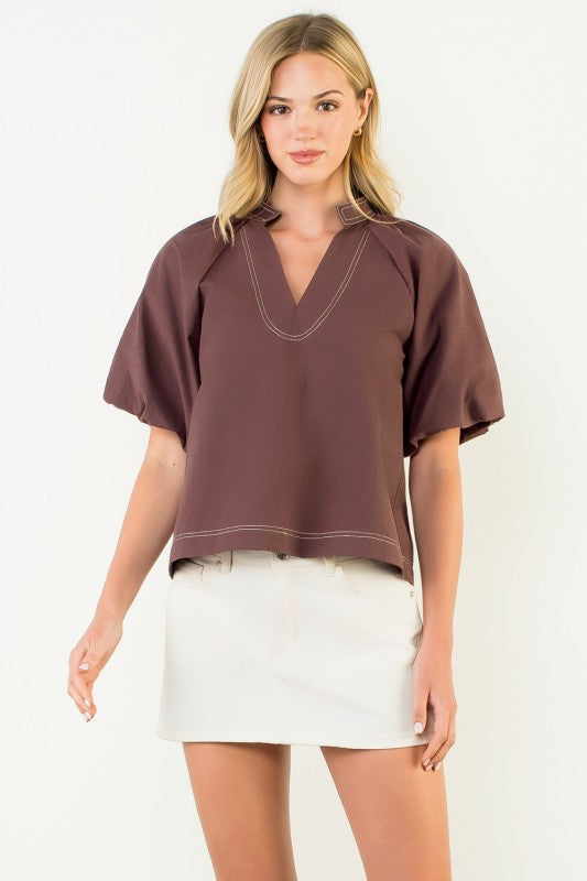 THML Contrast Stitch Puff Sleeve V-neck Top