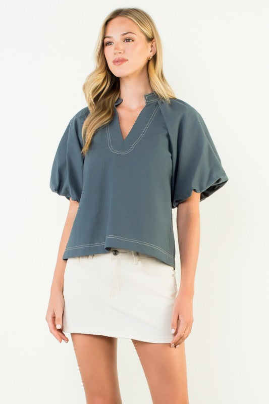 THML Contrast Stitch Puff Sleeve V-neck Top