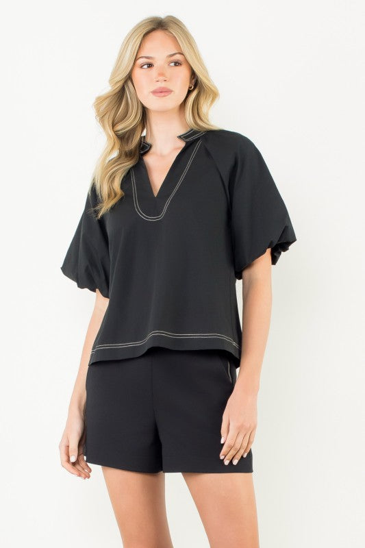 THML Contrast Stitch Puff Sleeve V-neck Top
