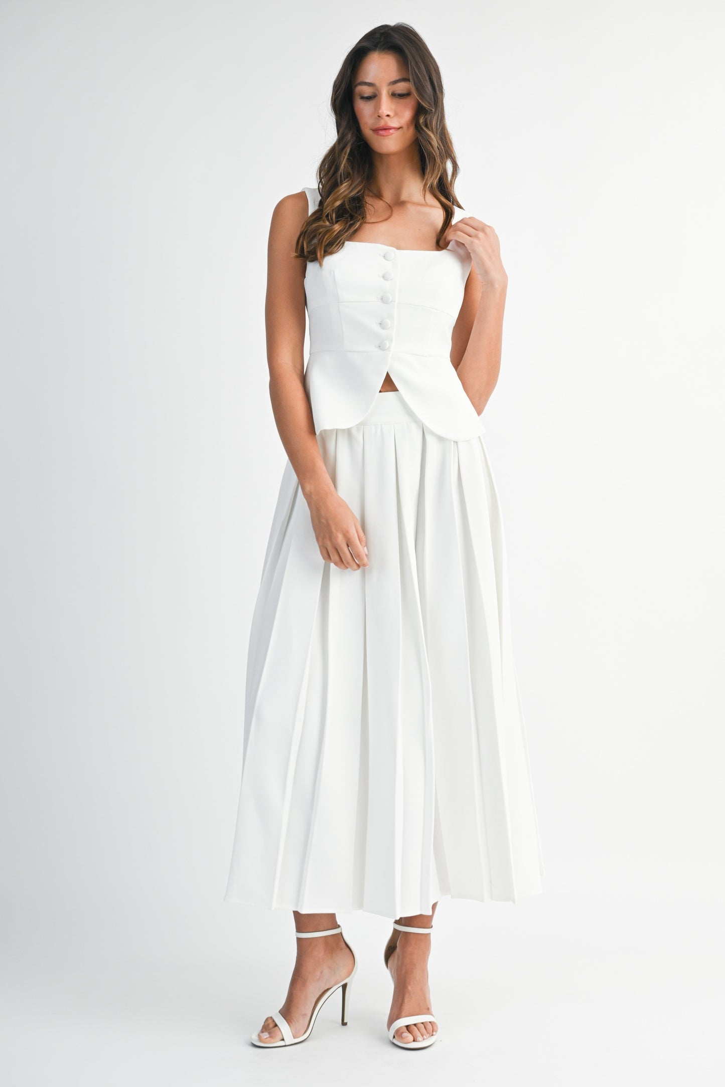 Crepe Square Neck Button Down Vest And Skirt Set