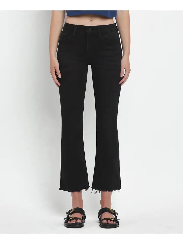 Mid Rise Raw Distressed Hem Crop Flare Jeans