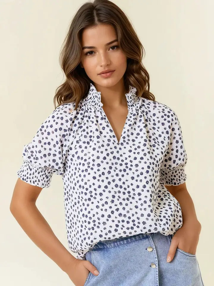 Jacquard Dot Print Short Sleeve Blouse