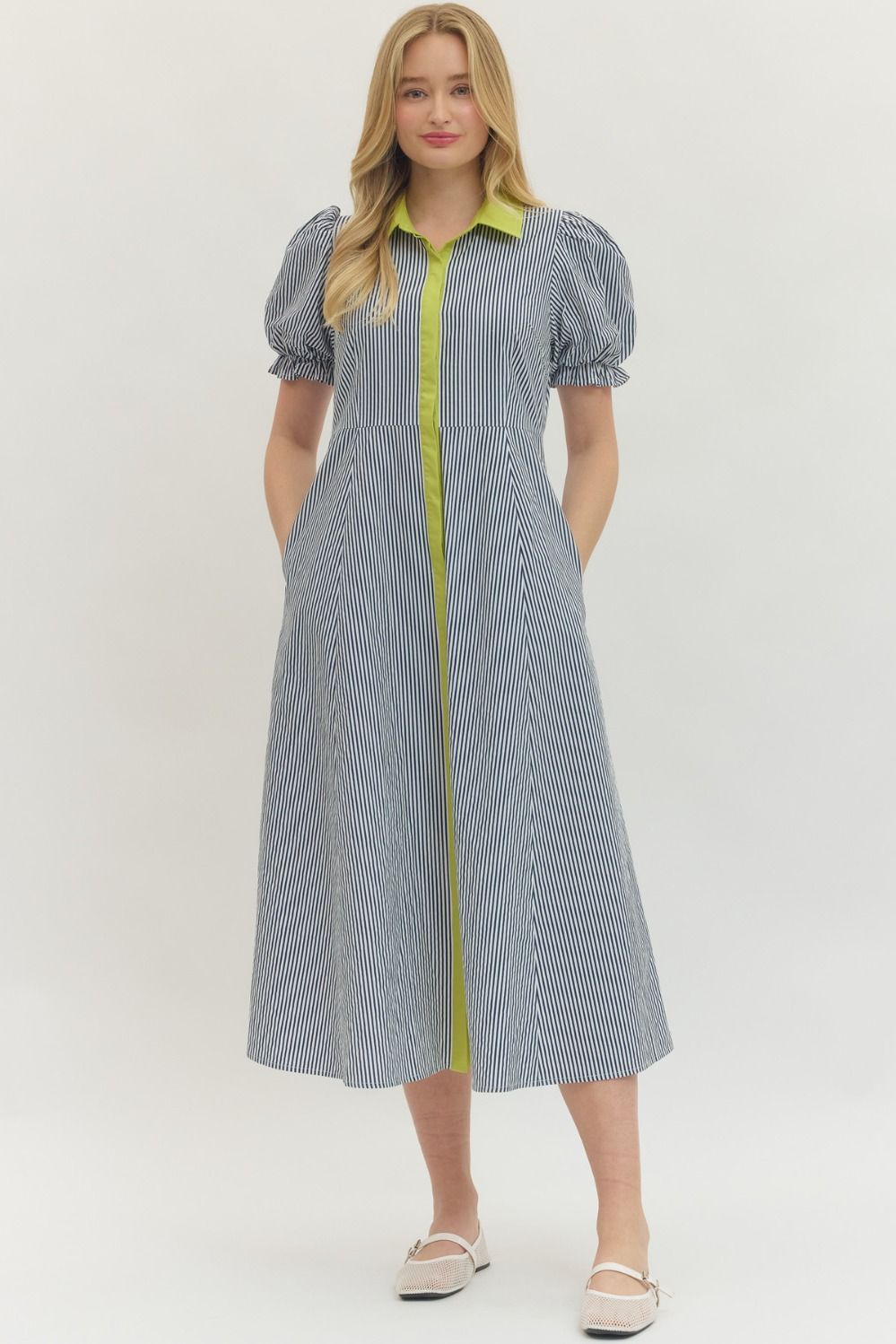 Puff Stripe Midi Dress