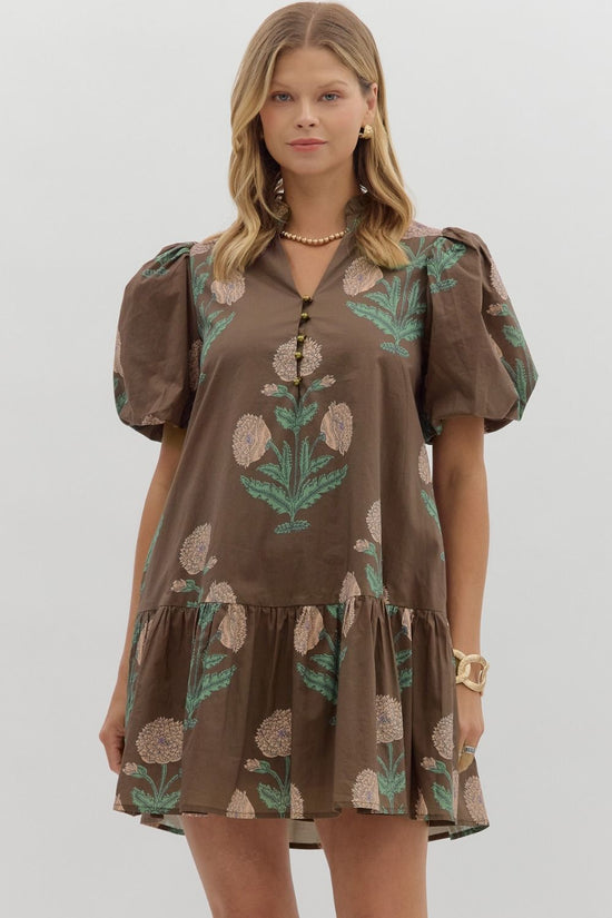 Floral Bubble Sleeve Mini Dress