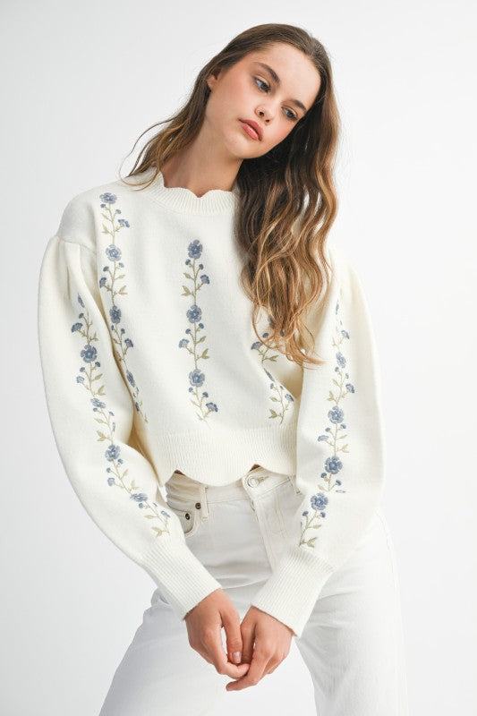 Floral Embroidered Scallop Detail Sweater