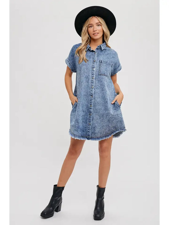 Frayed Hem Denim Shirt Dress