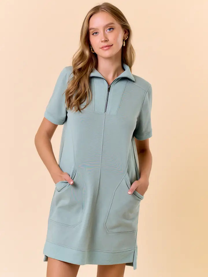 French Terry Front Zip Mini Dress