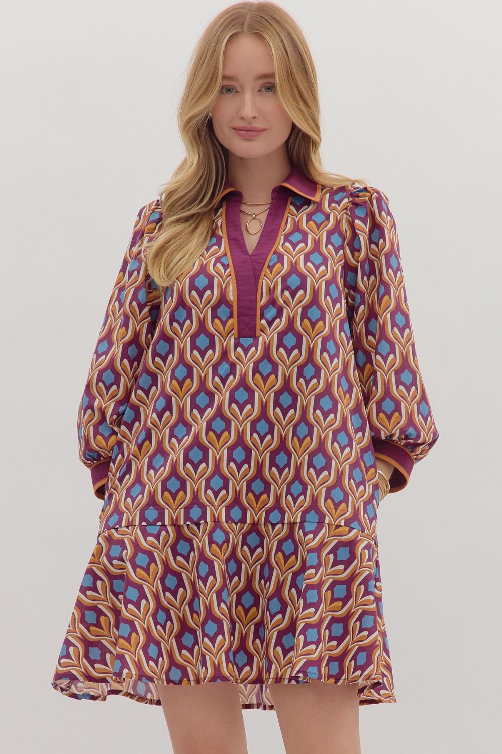 Geometric Puff Sleeve Dress
