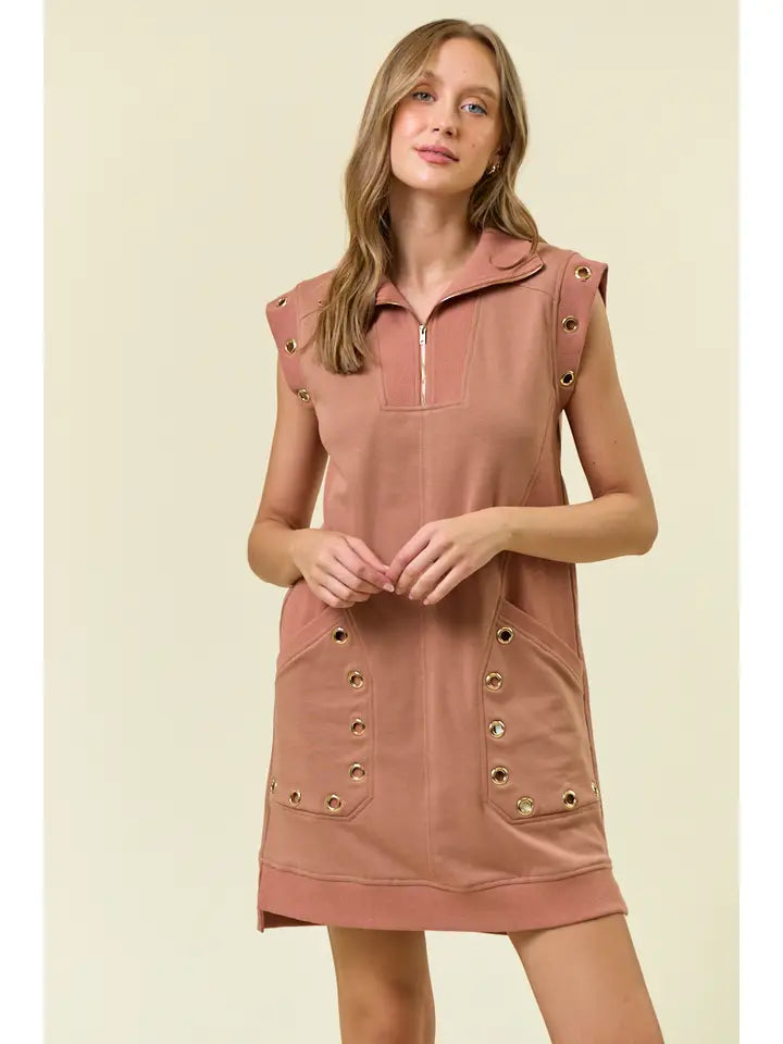 Grommet Detail Half Zip Sweatshirt Dress