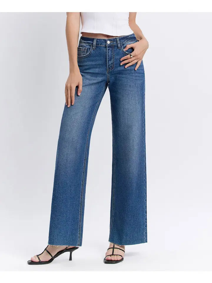 High Rise Clean Cut Raw Hem Wide Jeans