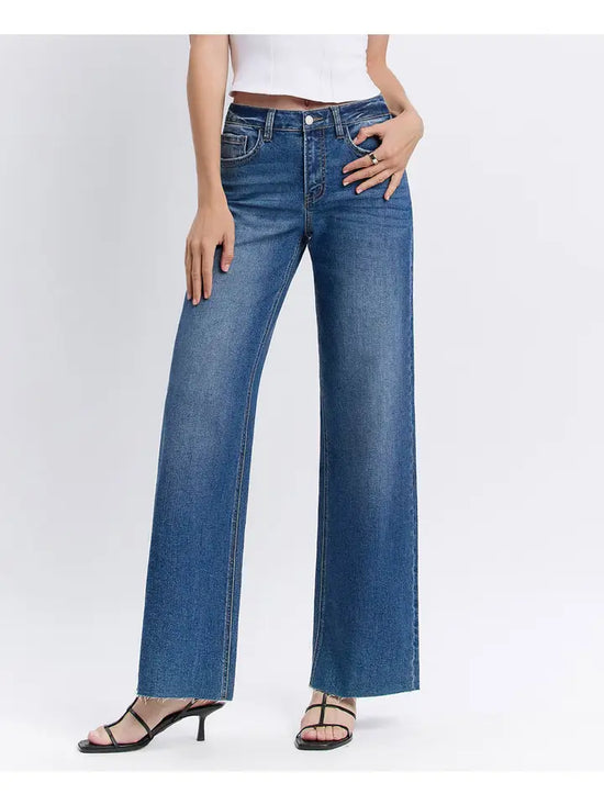 High Rise Clean Cut Raw Hem Wide Jeans