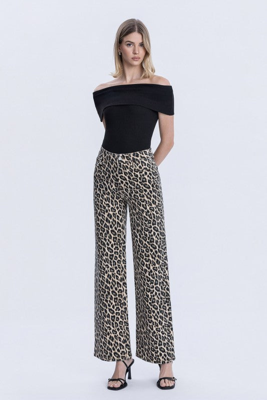 Super High Rise Leopard Print Wide Leg Jeans