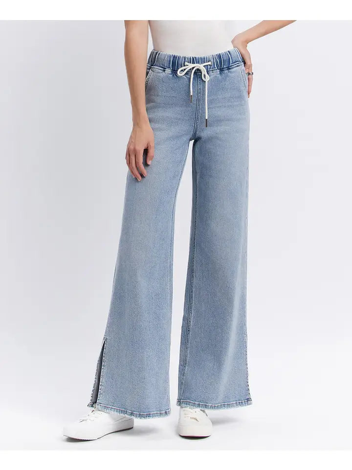 High Rise Drawstring Waistband Wide Leg Jeans
