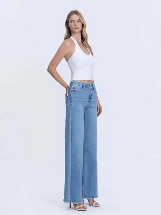 High Rise Medium Wash Frayed Hem Wide Leg Jeans