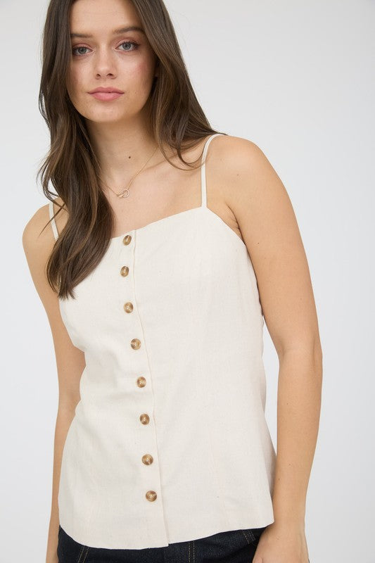 Button Down Spaghetti Strap Linen Top