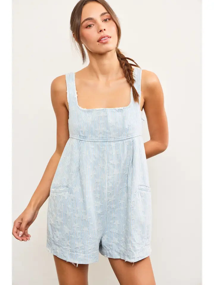 Striped Star Jaquard Sleeveless Denim Romper