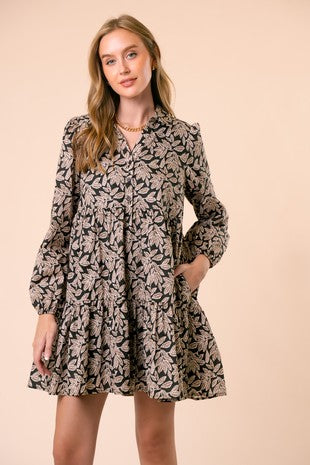 Leaf Print Poplin Mini Dress