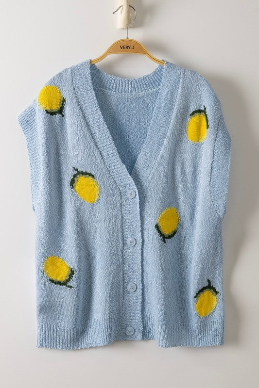 Lemon Graphic Button Down Sweater Top